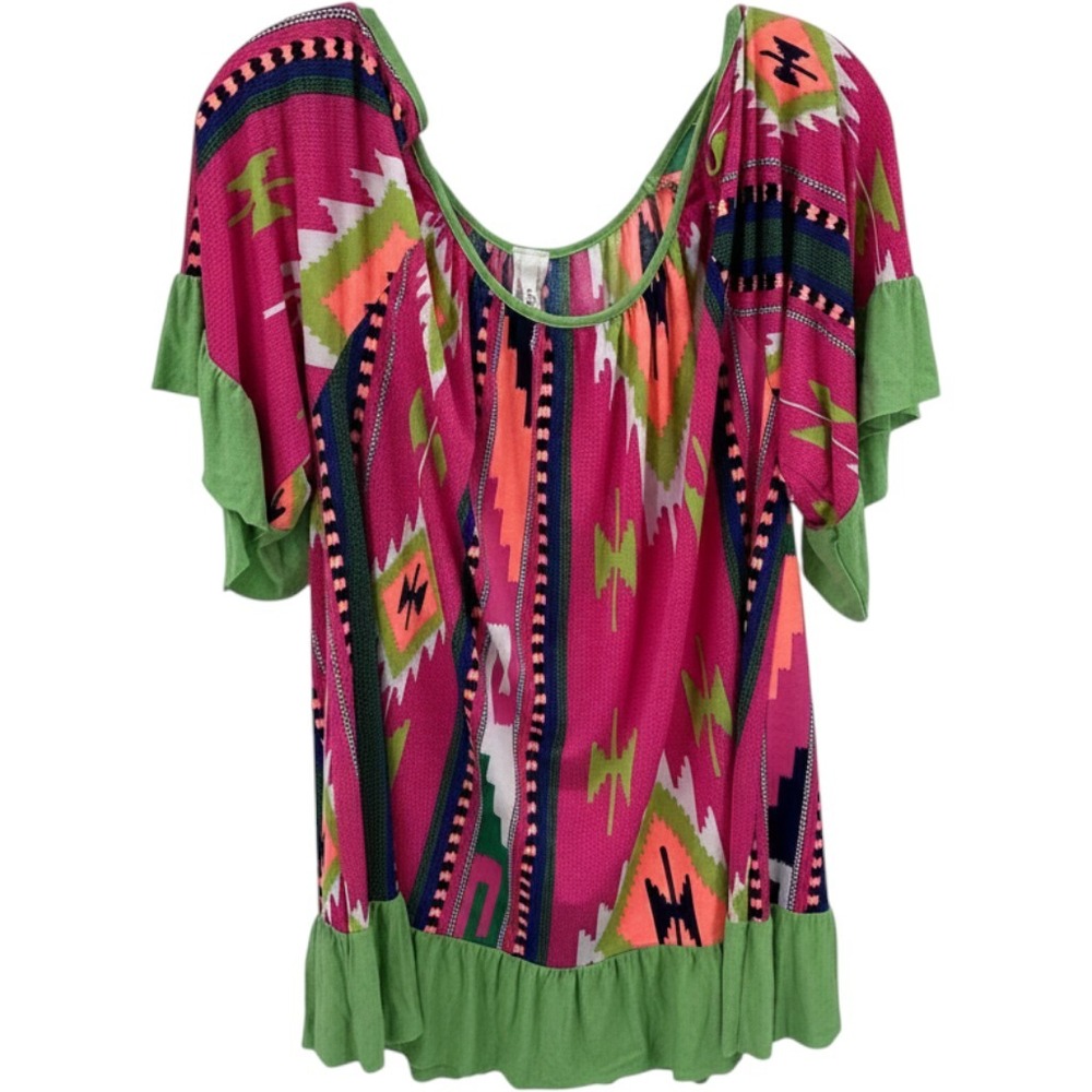 Lilypad Pink Green Southwestern Geometric Cold Shoulder Ruffle Top Womens Large